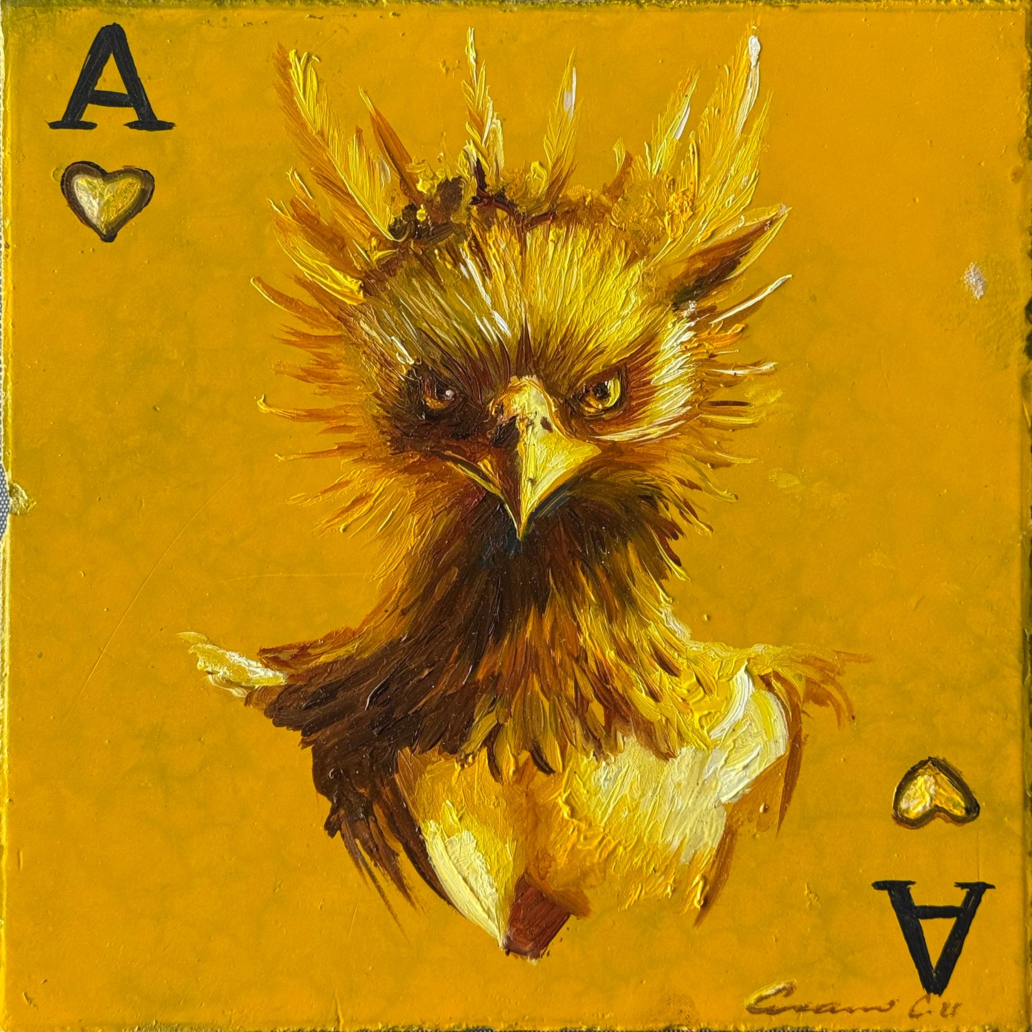 Aram Cortes – Tercia de aves (Tierra) / Óleo sobre mosaico vintage histórico – 26 x 26 cm – 1/1