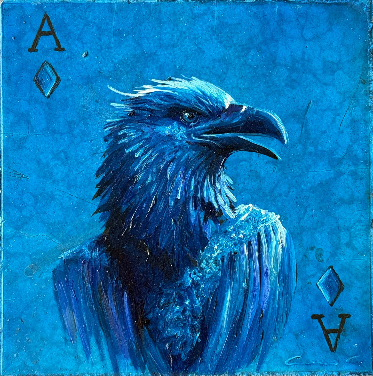 Aram Cortes – Tercia de aves (Agua) / Óleo sobre mosaico vintage histórico – 26 x 26 cm – 1/1