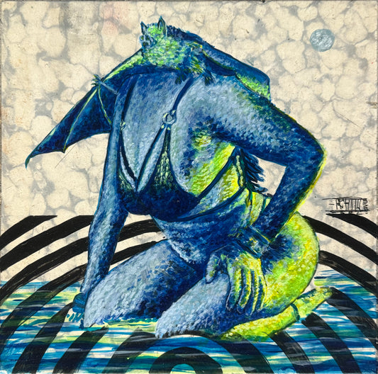 LOTE 002 / 90114 Hugo Gutiérrez - Sobrevolando / Acrilico sobre mosaico vintage histórico - 26 x 26 cm