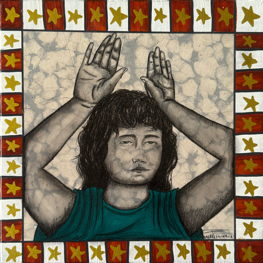 LOTE 019 / Araceli Figueroa - Soñe ser un conejo / Acrílico, carboncillo y lápiz graso sobre mosaico vintage histórico - 26 x 26 cm