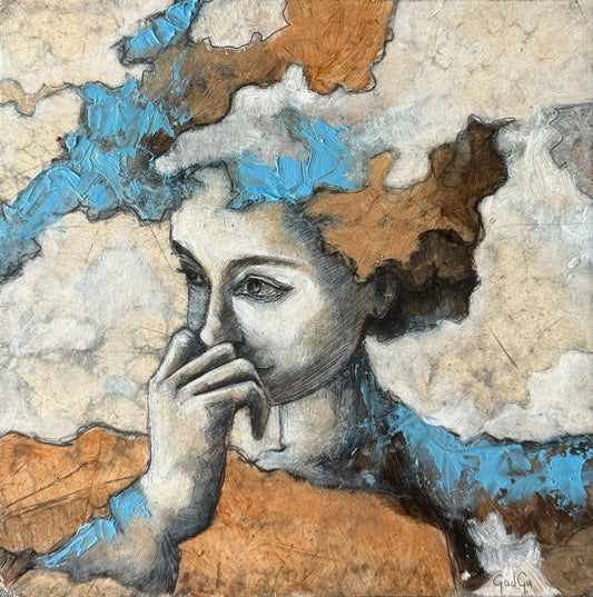 LOTE 022 / Jessica Gadga - Pensamiento en azul / Óleo sobre mosaico vintage histórico - 26 x 26 cm