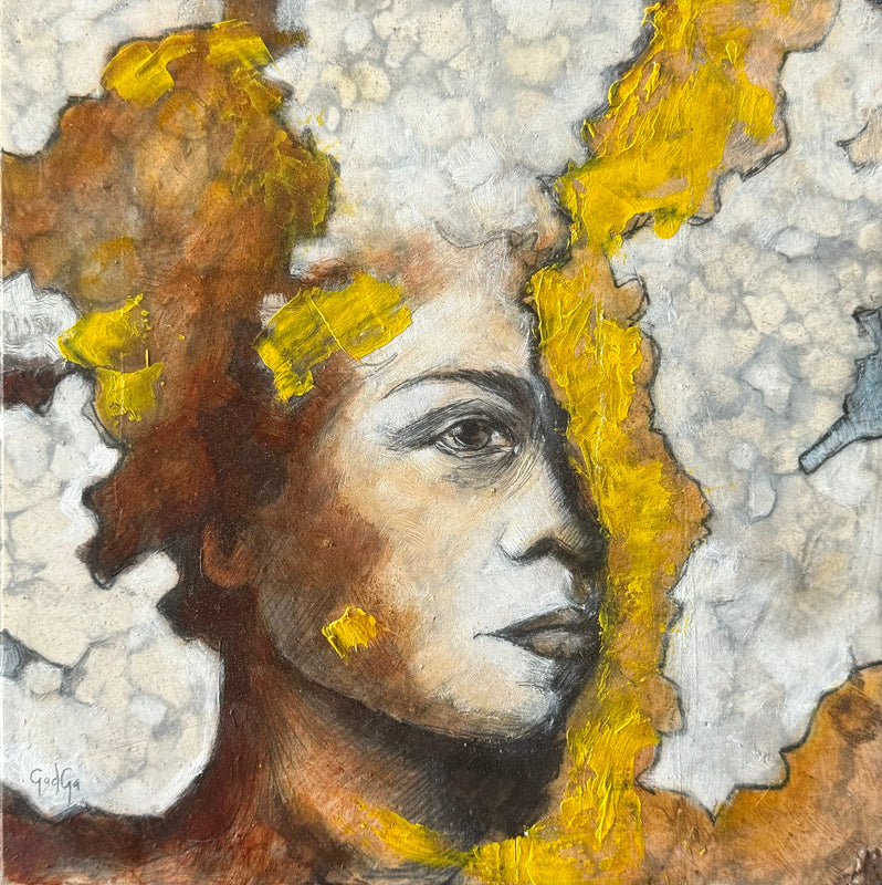 Jessica Gadga – Pensamiento en amarillo / Óleo sobre mosaico vintage histórico – 26 x 26 cm – 1/1