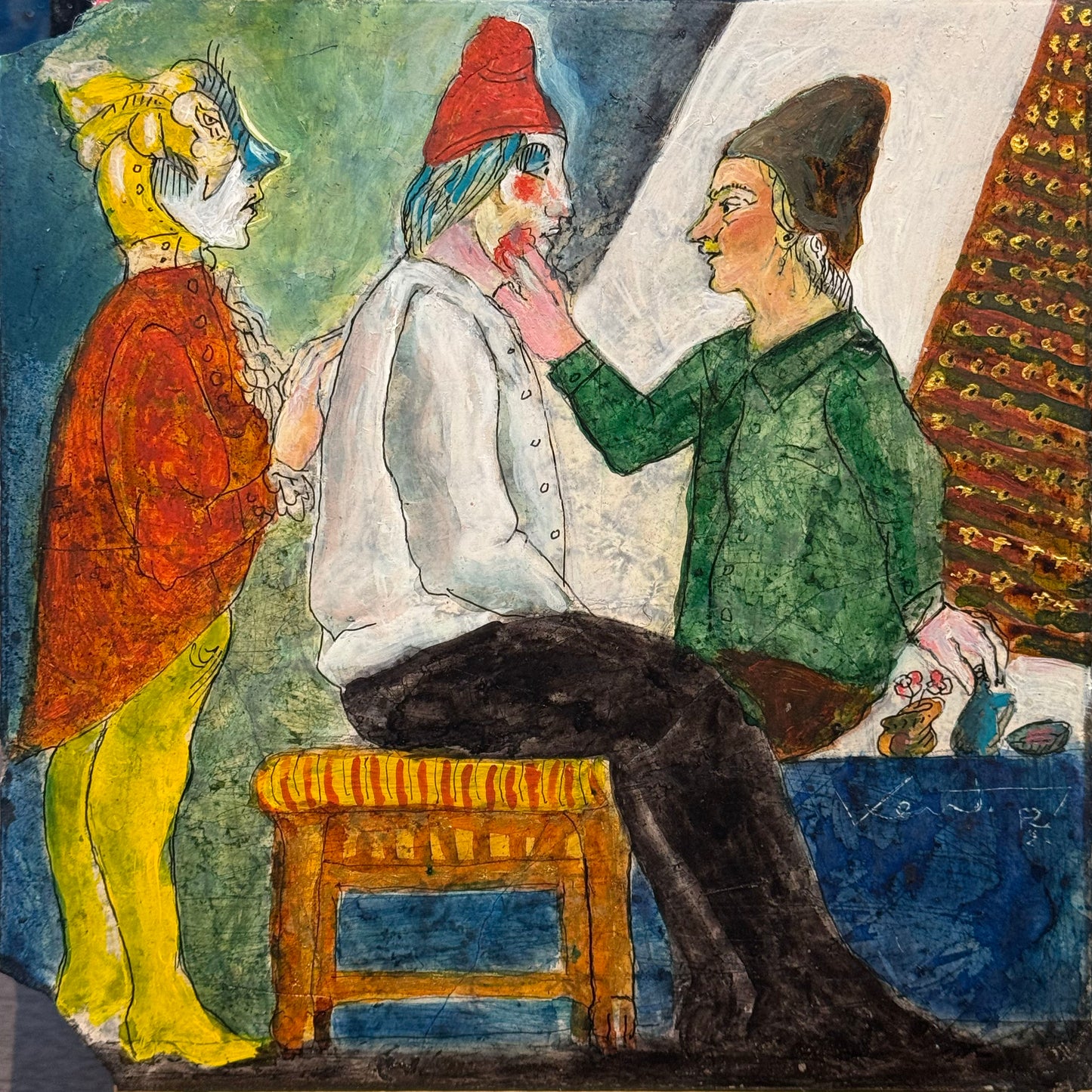 Daniel Kent – El Maquillista / Gouache sobre mosaico vintage histórico – 26 x 26 cm – 1/1