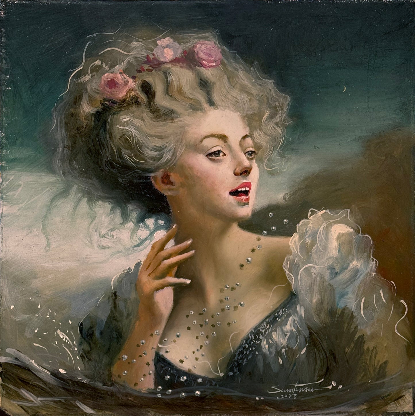 Salvador Santana - Mujer satirica / Óleo sobre mosaico vintage historico - 26 x 26 cm