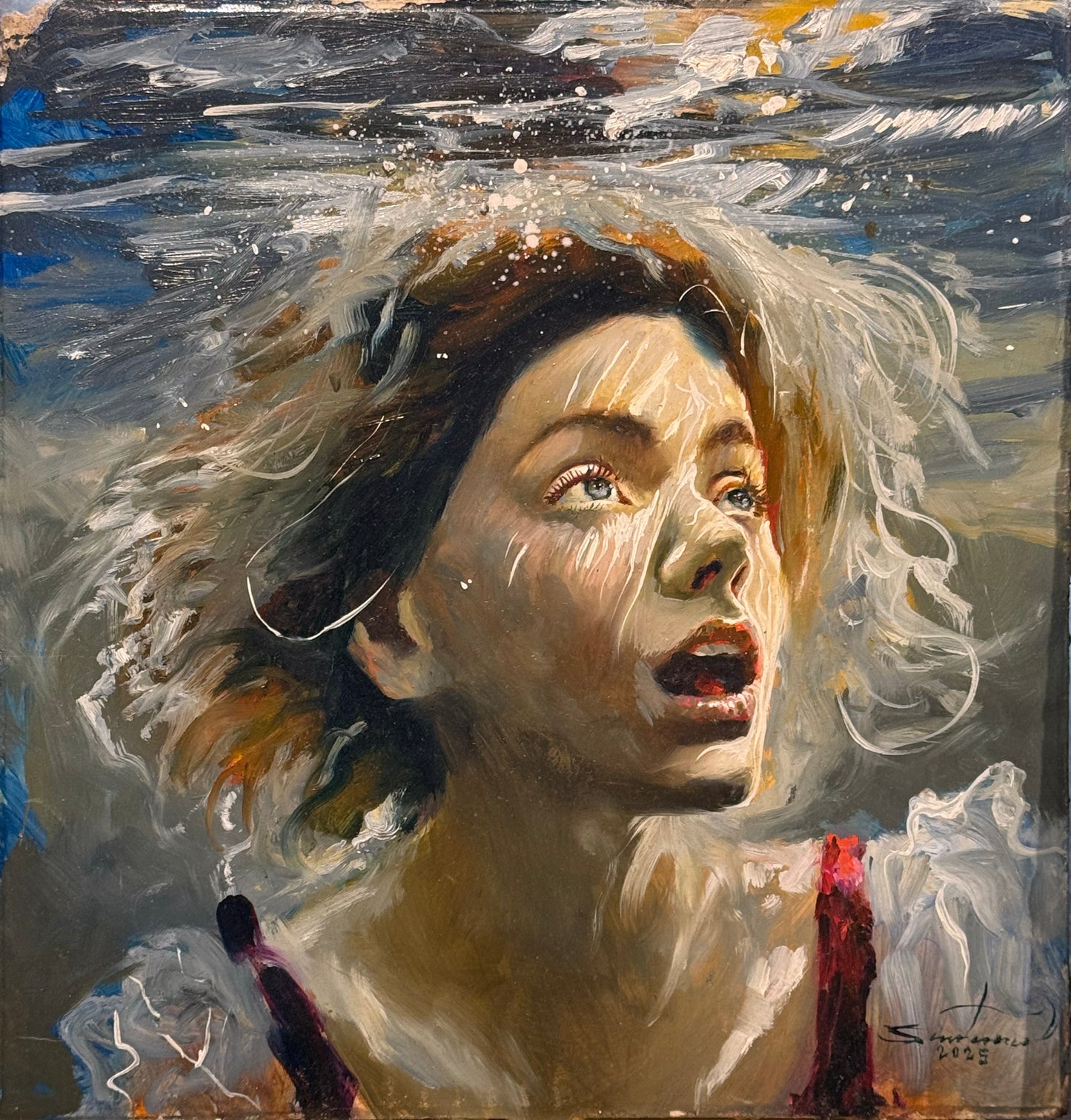 Salvador Santana - Mujer bajo el agua / Óleo sobre mosaico vintage historico - 26 x 26 cm