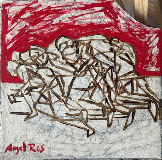 LOTE 123 / Angel Ros - Corredor / Óleo sobre mosaico vintage histórico - 26 x 26 cm