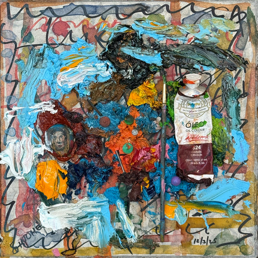 LOTE 085 / Sinuhé Villegas - El piso del pintor / Mixta sobre mosaico vintage histórico - 26 x 26 cm