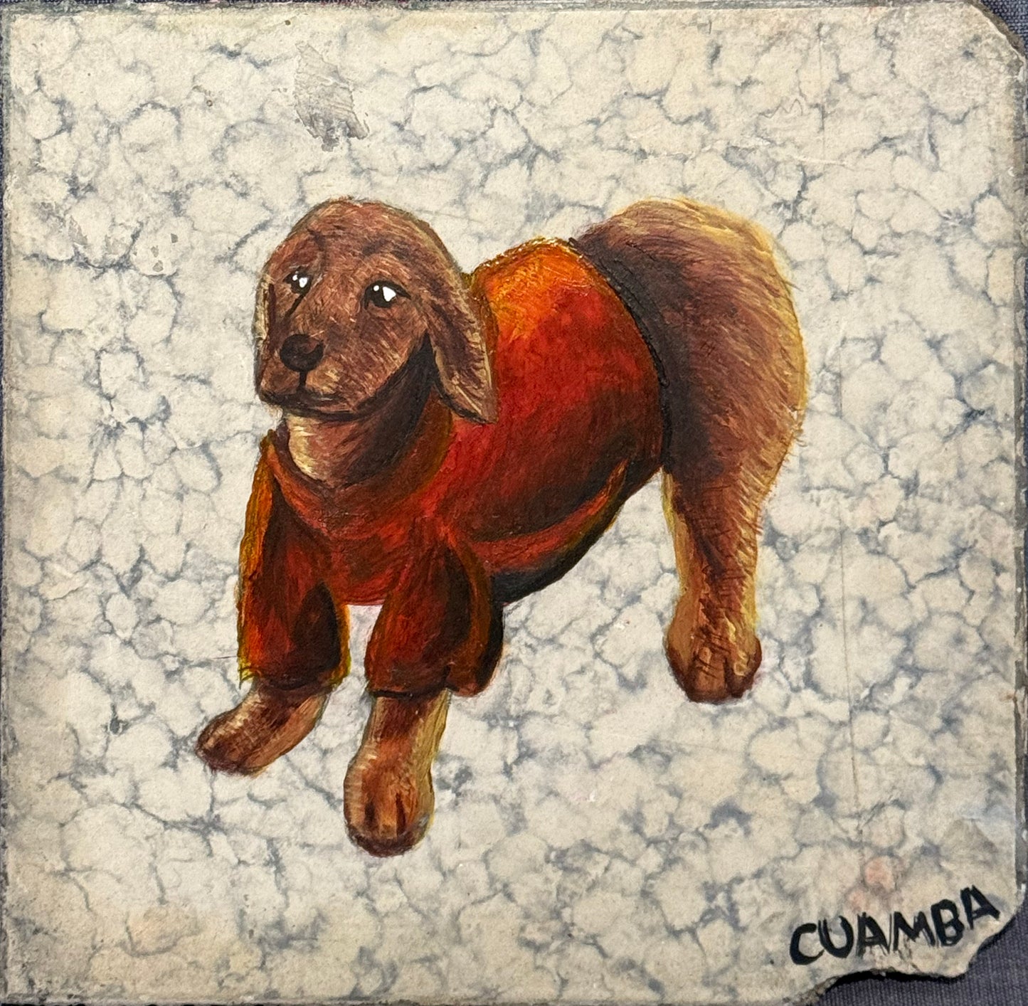 LOTE 037 / David Cuamba - Ramiro (Perro con camisa 1) / Acrílico sobre mosaico vintage histórico - 26 x 26 cm
