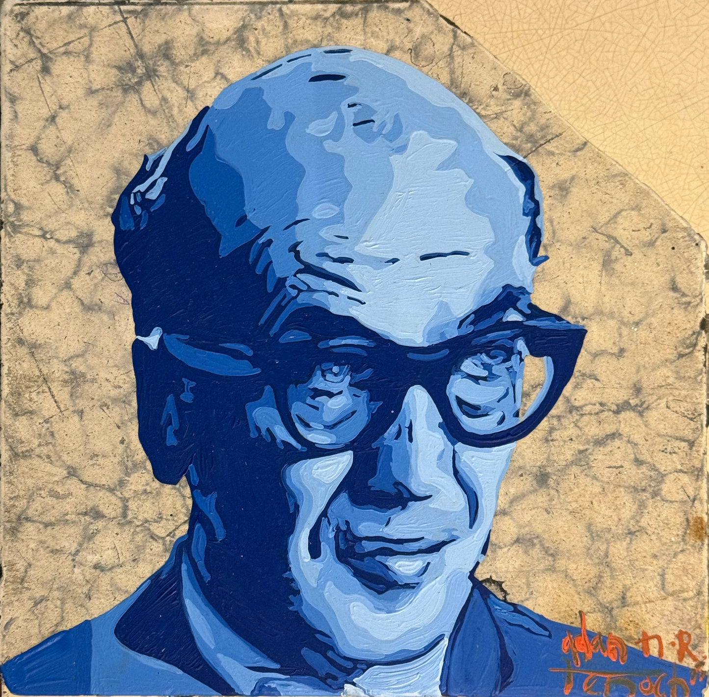 LOTE 042 / Adan Navarro Tenoch -  Maestro Barragán 2 / Óleo sobre mosaico vintage histórico - 26 x 26 cm