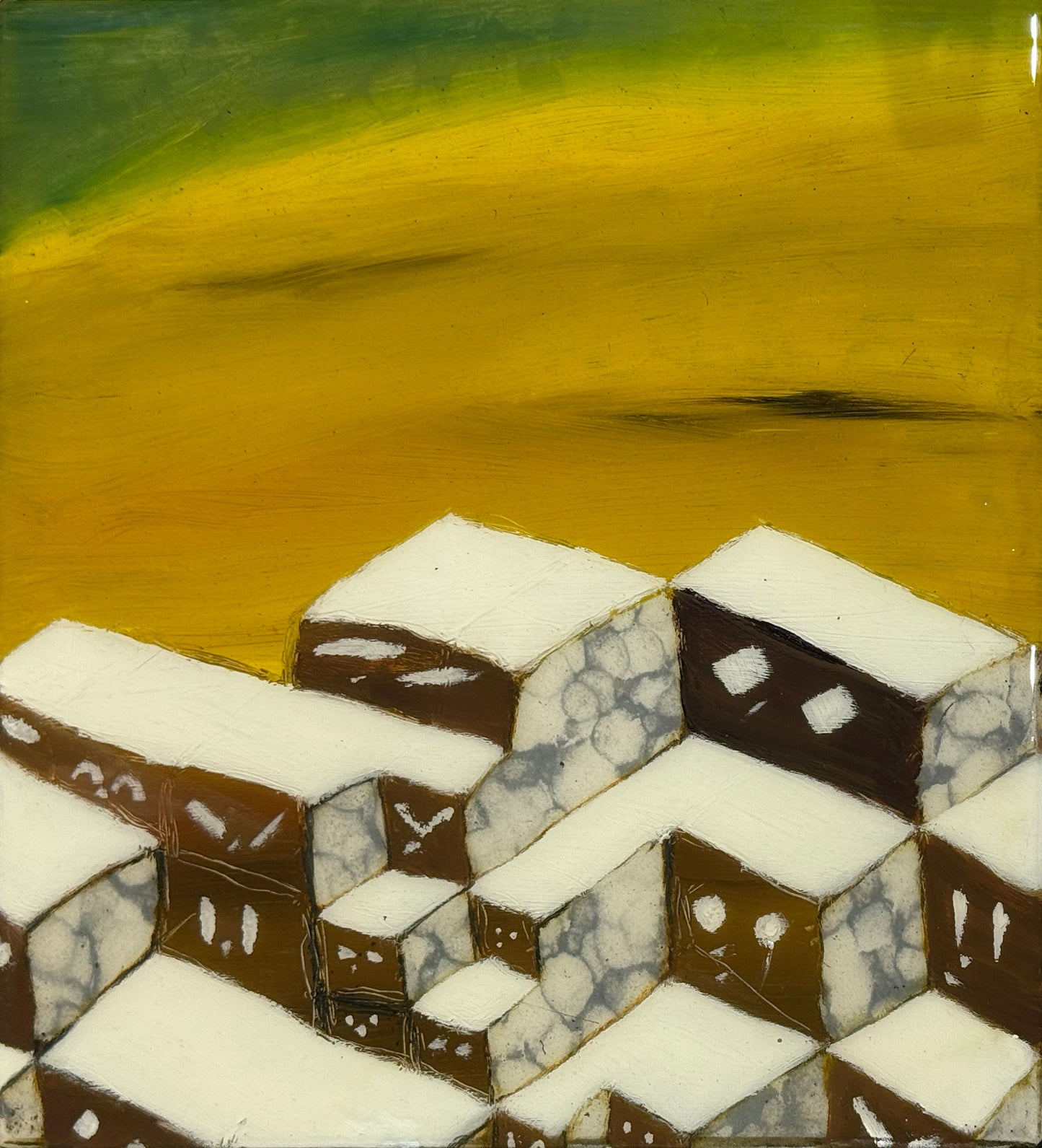 LOTE 059 / LM - Atardecer con amigos / Óleo sobre mosaico vintage histórico - 26 x 26 cm