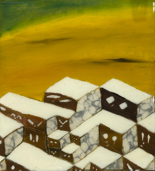 LOTE 059 / LM - Atardecer con amigos / Óleo sobre mosaico vintage histórico - 26 x 26 cm