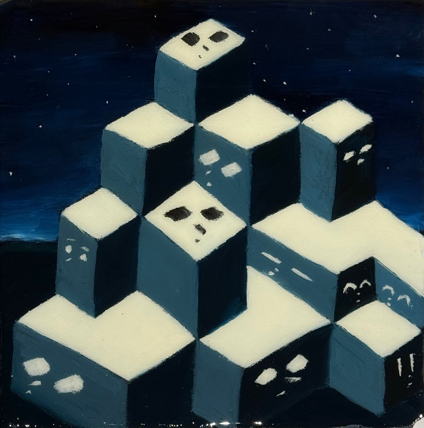 LOTE 048 / LM - Noche de ciudad / Óleo sobre mosaico vintage histórico - 26 x 26 cm