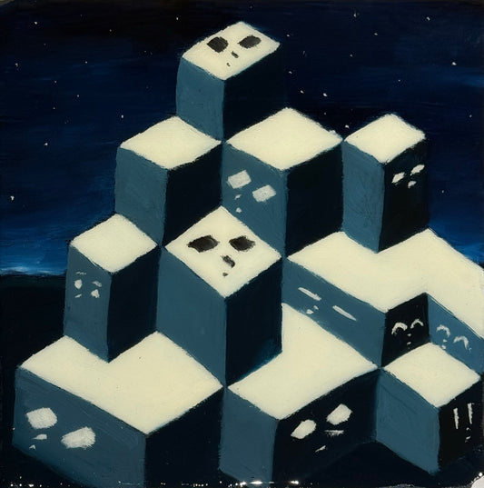 LOTE 048 / LM - Noche de ciudad / Óleo sobre mosaico vintage histórico - 26 x 26 cm