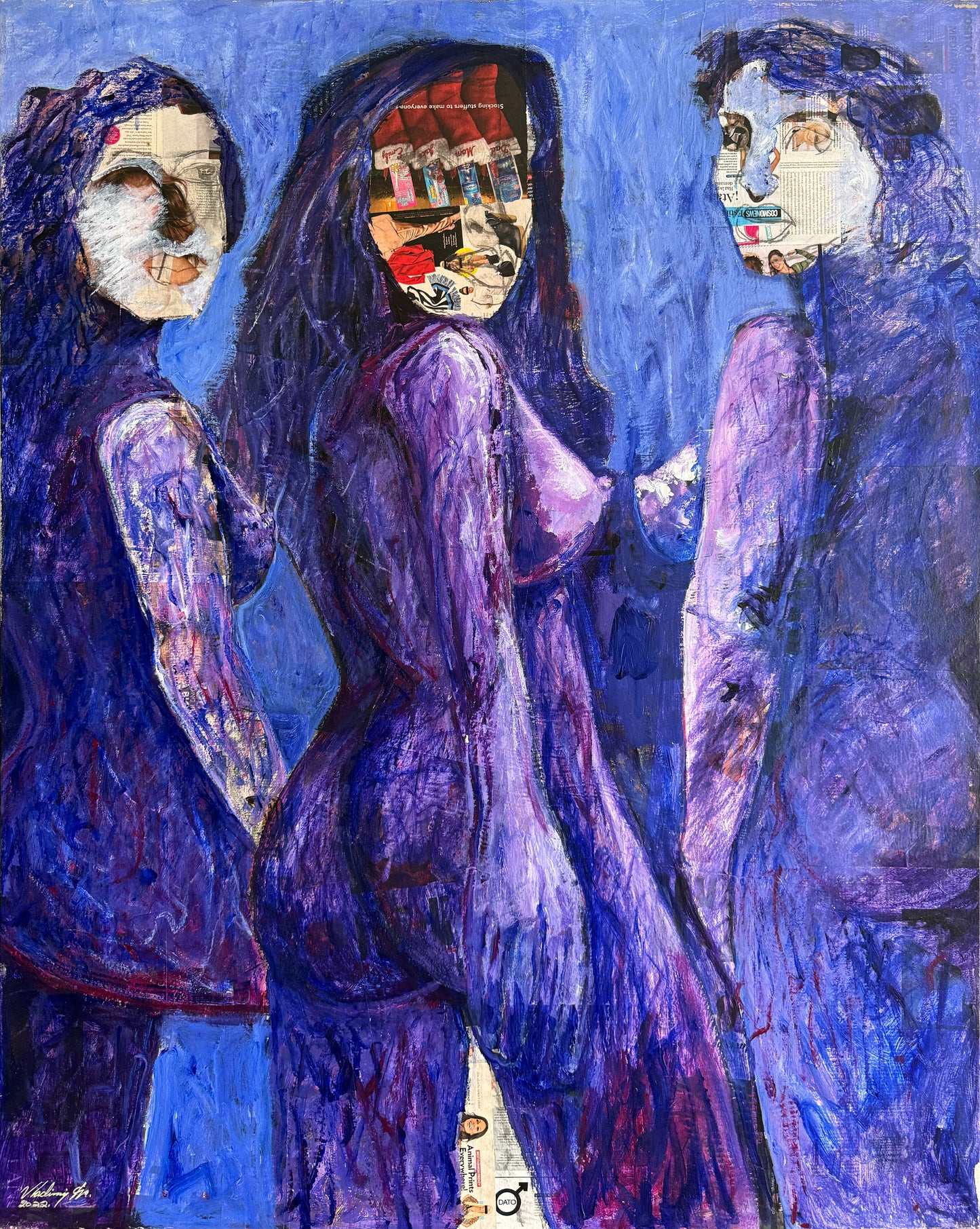 Única 004 / Vladimir Cora - Las tres gracis / Acrílico y Collage sobre tela - 150 x 120 cm