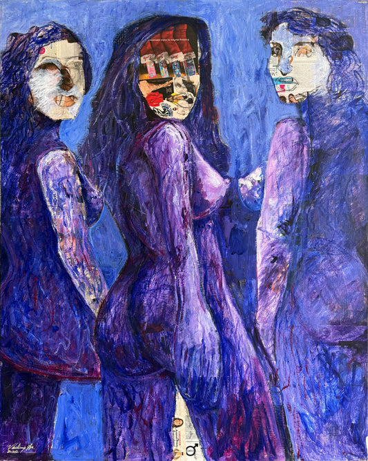 Única 004 / Vladimir Cora - Las tres gracis / Acrílico y Collage sobre tela - 150 x 120 cm