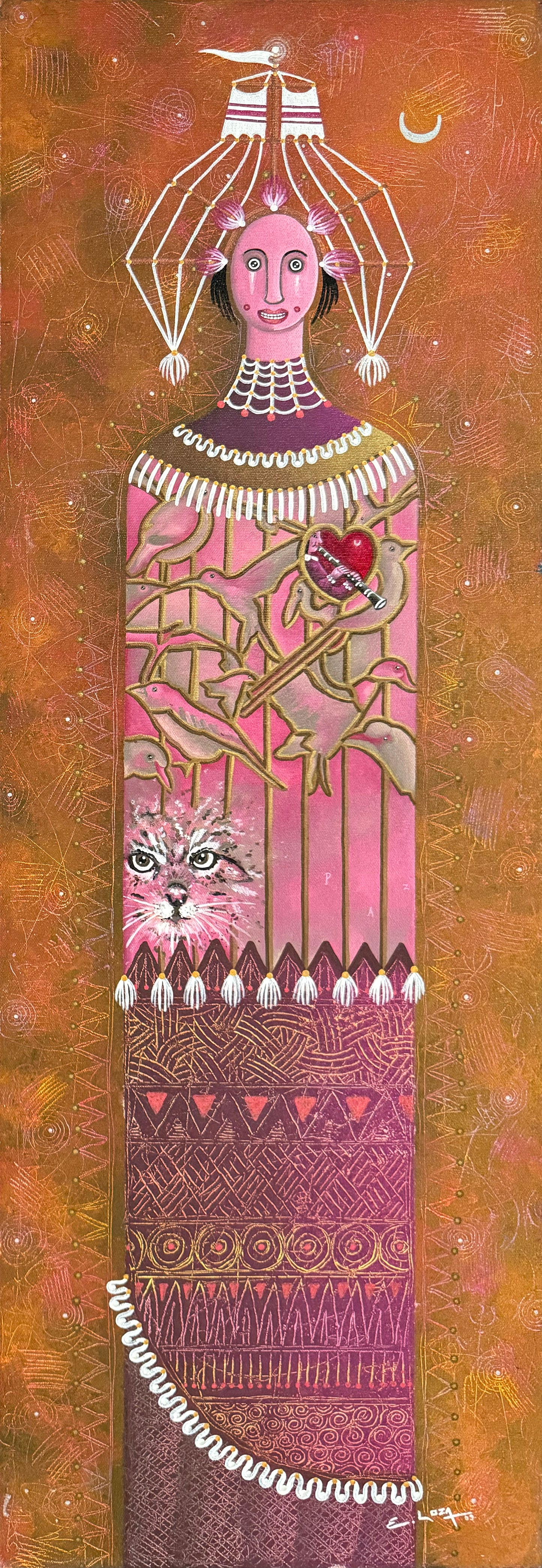 LOTE 042 / Enrique Loza - Chaman con aves 4 / Acrílico sobre tela - 90 x 30 cm