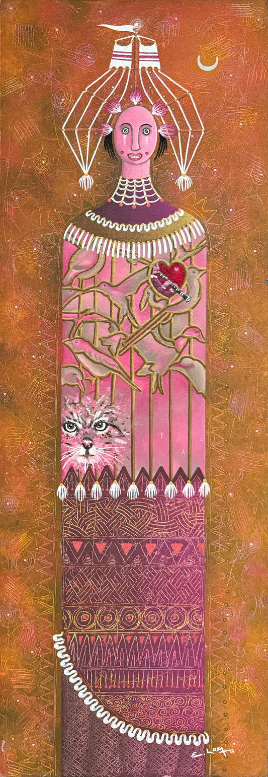 LOTE 042 / Enrique Loza - Chaman con aves 4 / Acrílico sobre tela - 90 x 30 cm