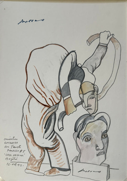 LOTE 035 / José Luis Cuevas - Mientras conversa con Fausto Paraveso, Casa Medina #5 / Tinta y acuarela sobre papel - 33 x 23.5 cm
