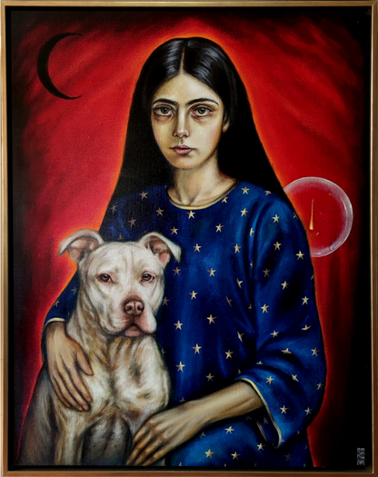 Antonio Fajama  - La joven y su nahual blanco / Óleo sobre tela  - 70 x 90 cm