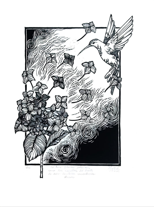 Lote AD6 / Myrna Valdéz - Si tus flores volaran como las semillas del diente de león también concederias deseos / Linóleo - 40 x 30 cm