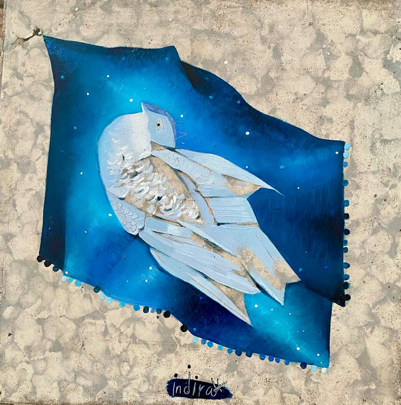 Indira Castellón – Estudio de servilletas de cocina (Azul) / Óleo sobre mosaico vintage histórico – 26 x 26 cm – 1/1
