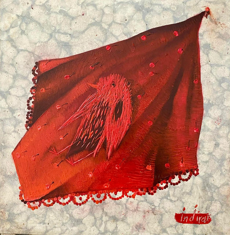 Indira Castellón – Estudio de servilletas de cocina (Rojo) / Óleo sobre mosaico vintage histórico – 26 x 26 cm – 1/1