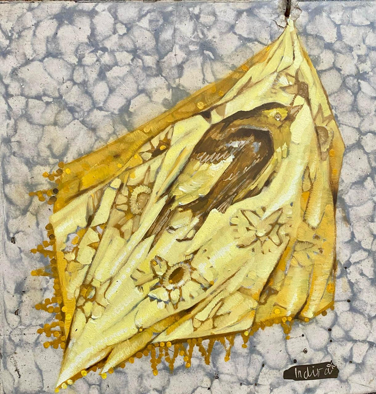 Indira Castellón – Estudio de servilletas de cocina (Amarillo) / Óleo sobre mosaico vintage histórico – 26 x 26 cm – 1/1