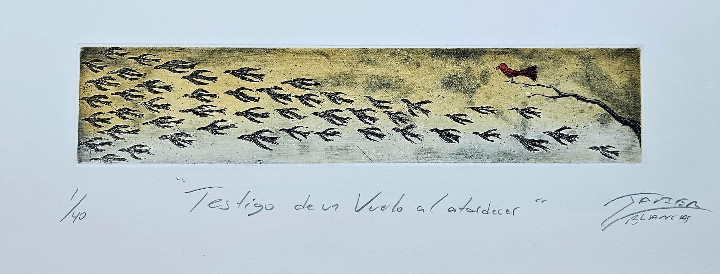 Javier Blancas  - Testigo de un vuelo al atardecer  / Grabado  sobre papel - 35 x 7 cm