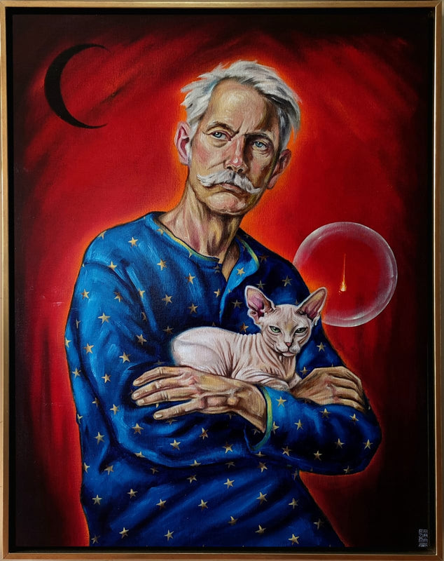 Antonio Fajama  - Don Nahual y su gato pelón  / óleo  sobre tela  - 90 x 70 cm