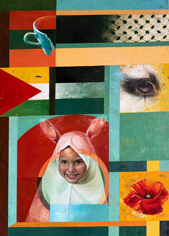 Waldo Saavedra  – Hind Rajab no tuvo la suerte de Alicia, pero yo la Bendigo. / Óleo  sobre lino – 67 x 95 cm – 1/1