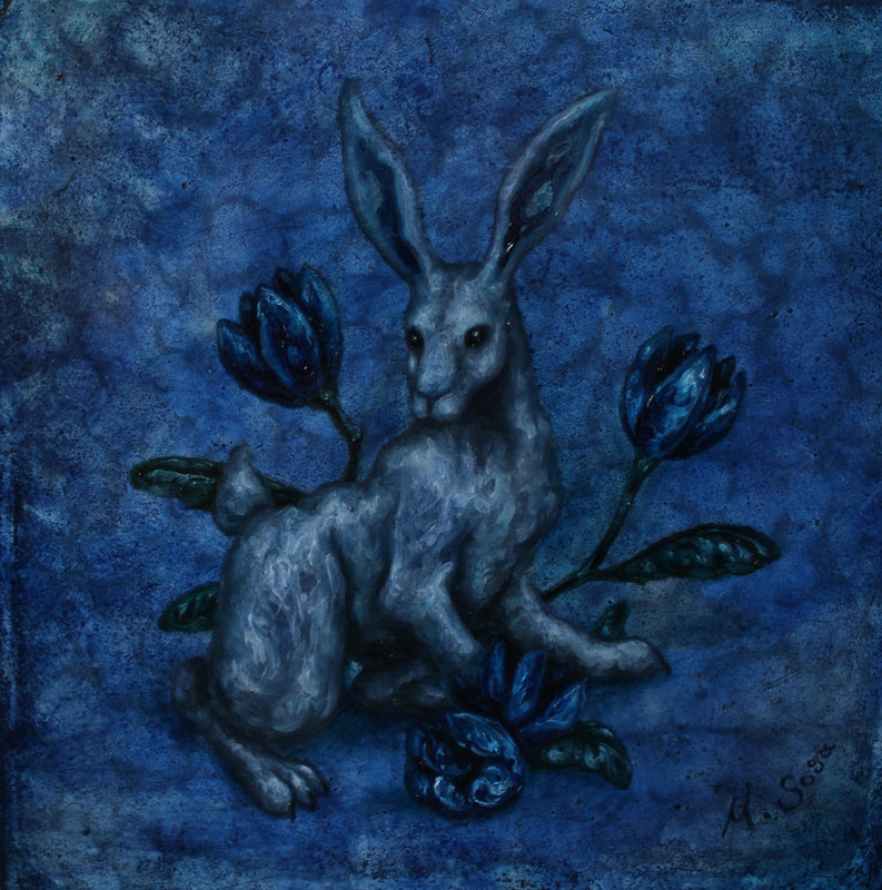 Marco Sosa – Celeste / Mixta sobre mosaico vintage histórico – 26 x 26 cm – 1/1