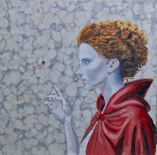 LOTE 001 / Juan Piedra - Eco de un cuento / Óleo sobre mosaico vintage histórico - 26 x 26 cm