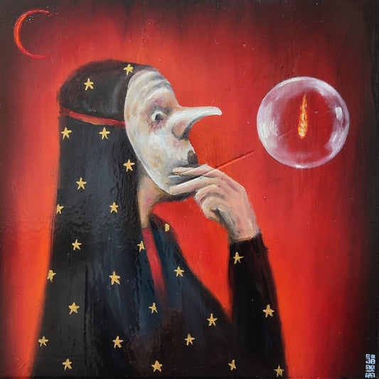 LOTE 021 / Antonio Fajama  - La maga / Óleo sobre mosaico vintage histórico - 26 x 26 cm