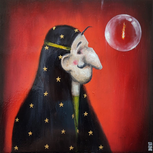 LOTE 060 / Antonio Fajama  - La bruja / Óleo sobre mosaico vintage histórico - 26 x 26 cm
