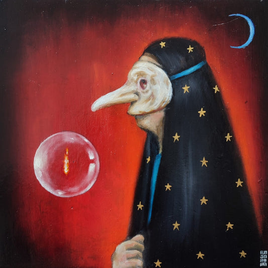 LOTE 104 / Antonio Fajama  - La hechicera / Óleo sobre mosaico vintage histórico - 26 x 26 cm