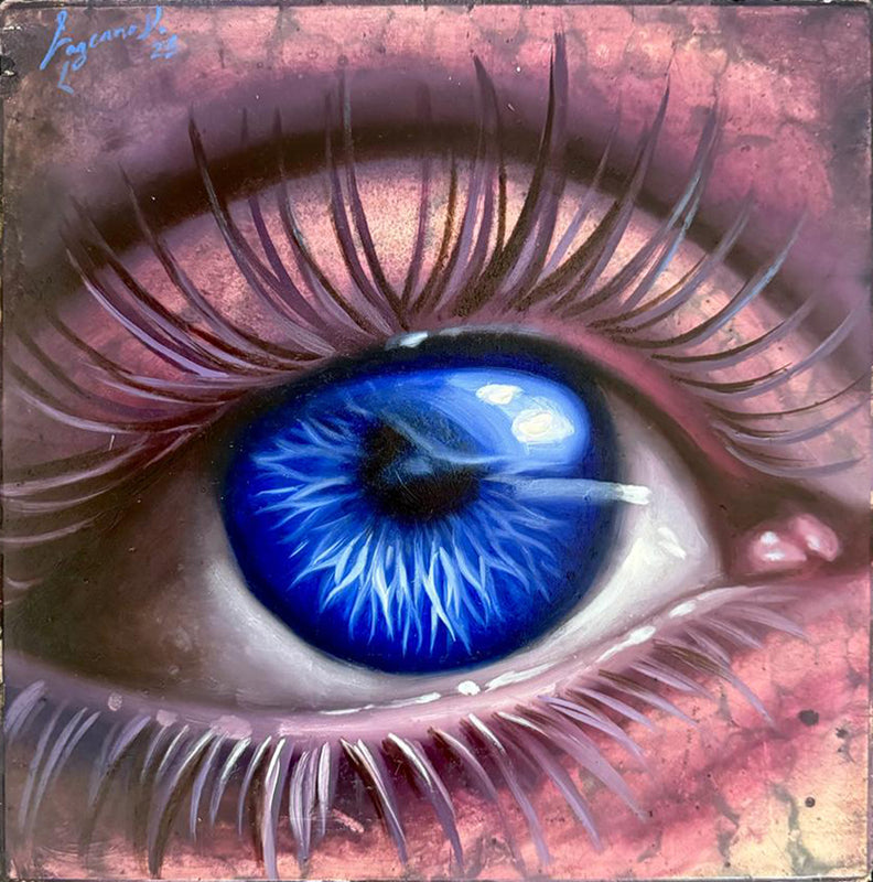 Rosario Lazcano – Trivisión cromática II (Azul) / Óleo sobre mosaico vintage histórico – 26 x 26 cm – 1/1