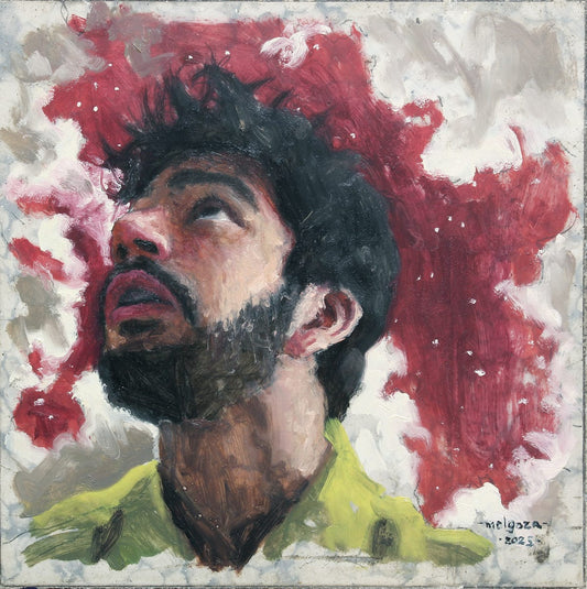 Angel Melgoza - Bajo el enrojecido cielo  / Óleo sobre mosaico vintage historico - 26 x 26 cm