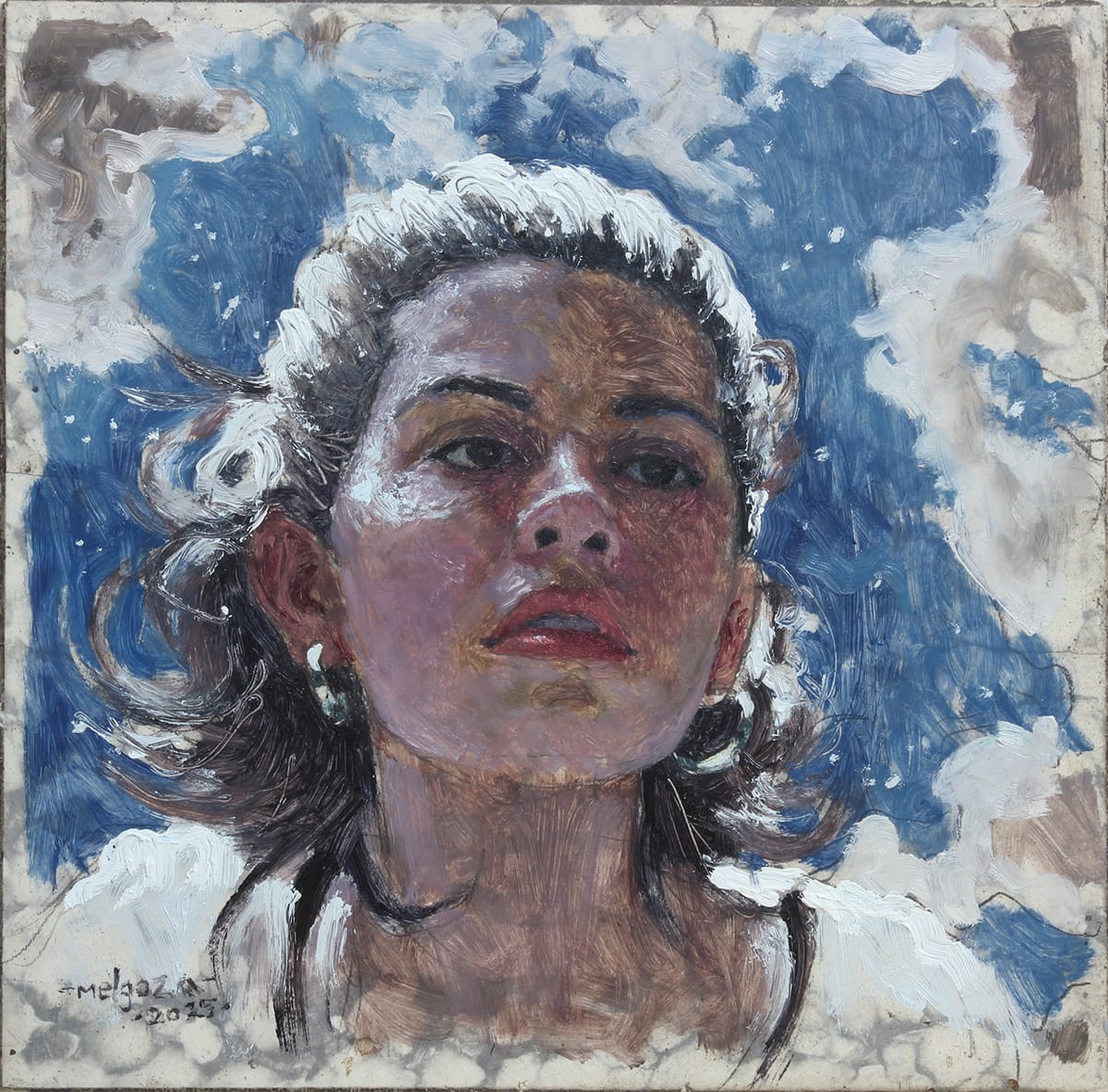 Angel Melgoza - Porque he de seguir mirando al vacío / Óleo sobre mosaico vintage historico - 26 x 26 cm
