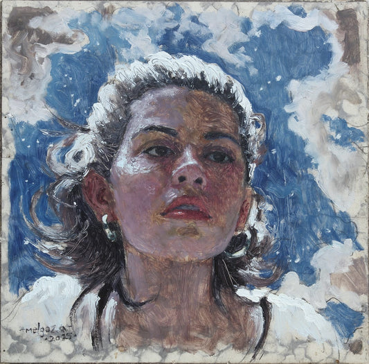 Angel Melgoza - Porque he de seguir mirando al vacío / Óleo sobre mosaico vintage historico - 26 x 26 cm