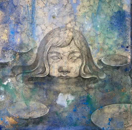 LOTE 054 / Karla Aguayo - Estanque / Óleo sobre mosaico vintage histórico - 26 x 26 cm