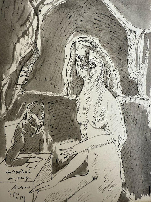 LOTE 035 / José Luis Cuevas - Autorretrato de mujer 1984 / Tinta sobre papel - 28 x 19 cm