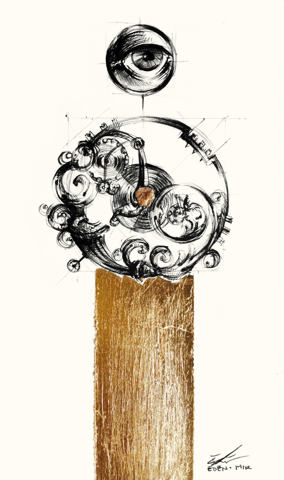 LOTE 015 / Eden Mir - Dinamocular / Tinta y hoja de oro sobre opalina marfíl - 15 x 9 cm