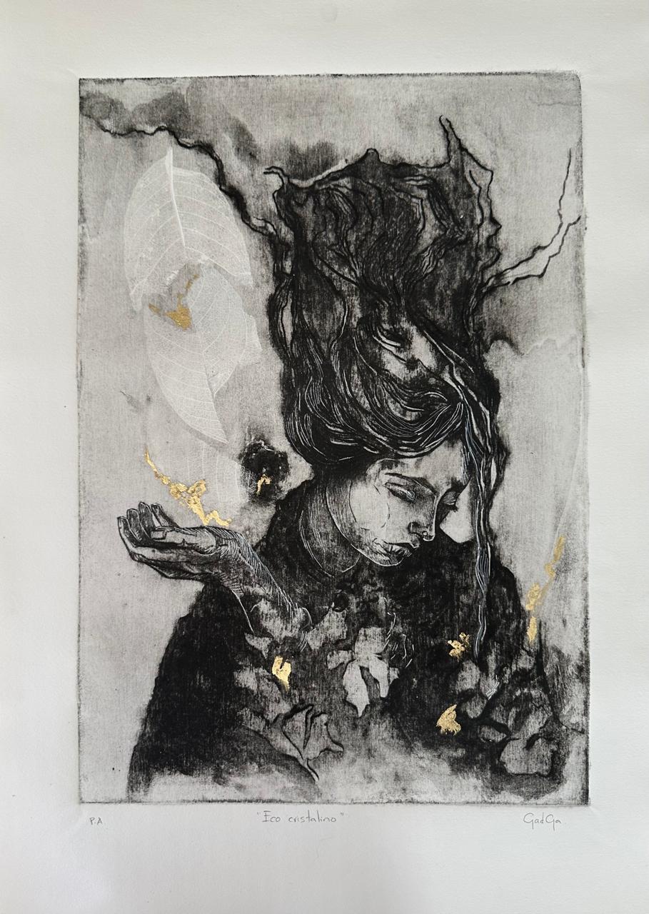 LOTE 048 / Jessica Gadga - Eco cristalino / Mokulita, gofrado y hoja de oro - 75 x 55 cm