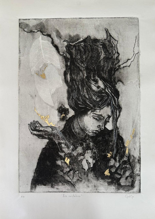 LOTE 048 / Jessica Gadga - Eco cristalino / Mokulita, gofrado y hoja de oro - 75 x 55 cm