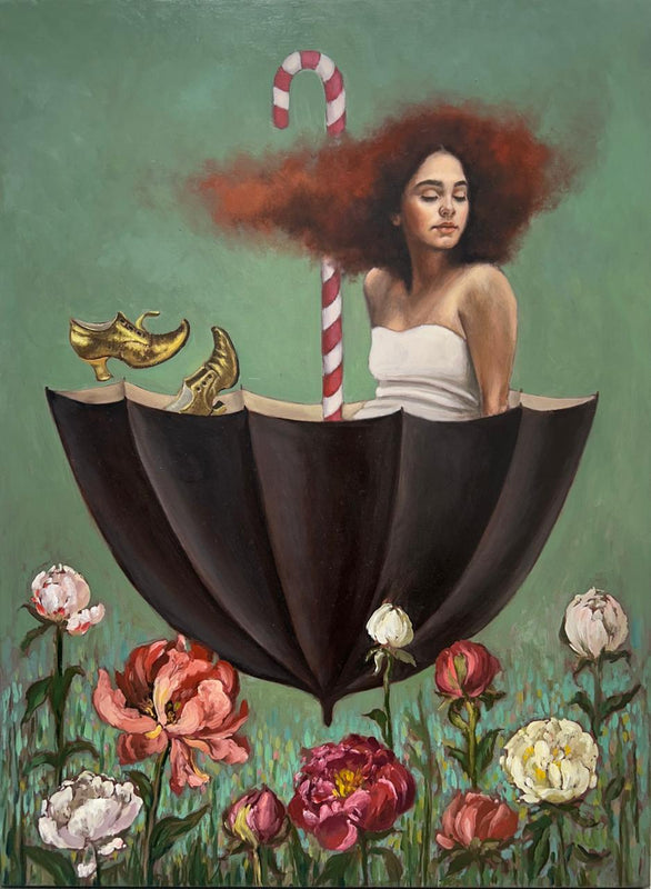 Laura Villanueva - Jardín con zapatos de oro / Óleo sobre tela - 60 x 80 cm