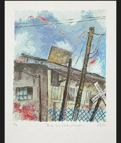 Salvador Rodríguez  - Tarde con postes y alambres / Serigrafía sobre amate - 25 x 35 cm