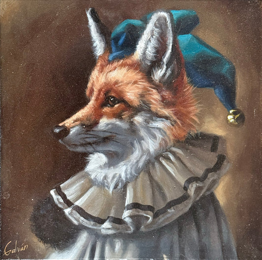 Jose Luis Lopez Galvan - Zorro con sombrero azul / Óleo sobre mosaico vintage historico - 26 x 26 cm