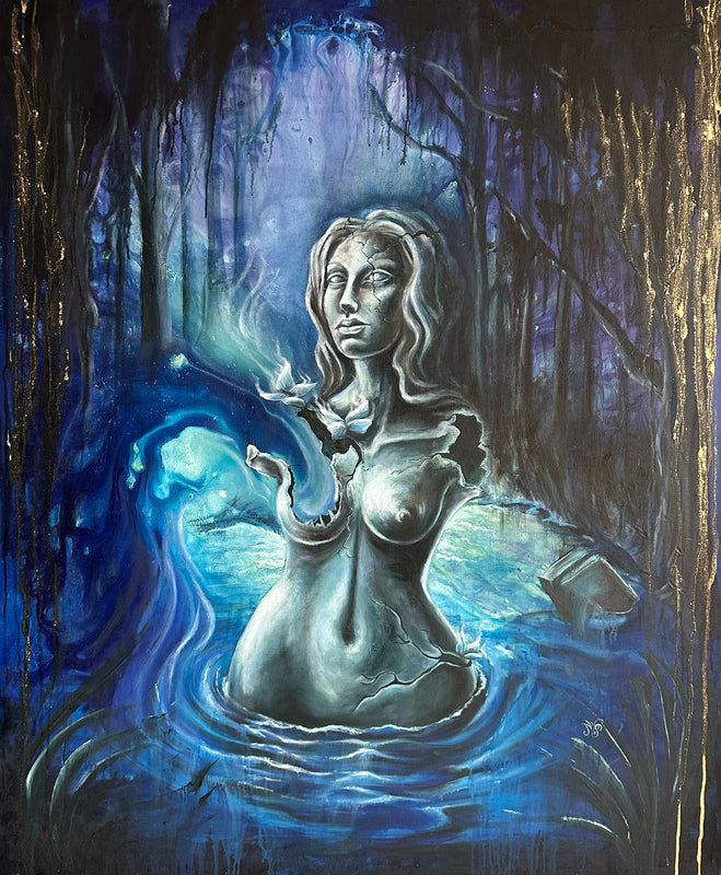 Maye Mora Salas – Enigmas de identidad /  Acrílico polvo de oro  sobre tela – 100 x 120 cm – 1/1